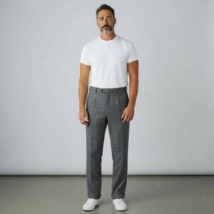 Zanella Todd Super 130s Wool Dress Pants 40x30 Gray Pleated Windowpane Italy